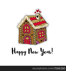 Merry Christmas and a Happy New Year cartoon vector card. Sticker with gingerbread house. Merry Christmas and a Happy New Year cartoon vector card. Sticker with gingerbread house.