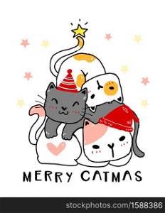 Merry Christmas and a happy New Year. Cat christmas tree, stack of cute naughty cats wear red scarf and hat with Merry catmas, idea for greeting card, printable card, tshirt, wall art, decoration