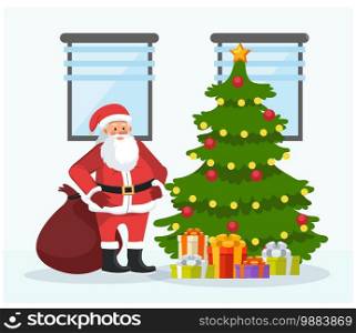 Merry christmas and a happy new year. Santa claus drop presents at christmas tree. Vector illustration flat character cartoon style.
