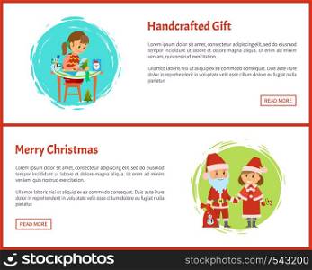 Merry Christmas and handcrafted gift cartoon characters. Santa Claus and Snow maiden with bag full of gifts, girl making handmade postcards, vector web page. Merry Christmas Handcrafted Gift Cartoon Character