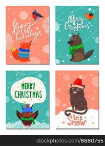 Merry Christmas and happy holidays 60s postcards with animals dressed in knitted hats, scarf or sweaters. Vector illustration with snowy xmas congratulation. Merry Christmas and Happy Holidays 60s Postcards