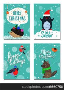 Merry Christmas and happy holidays let it snow, set of cards with images of hedgehog and penguin, bullfinches and wolf, with title vector illustration. Merry Christmas Happy Holiday Vector Illustration