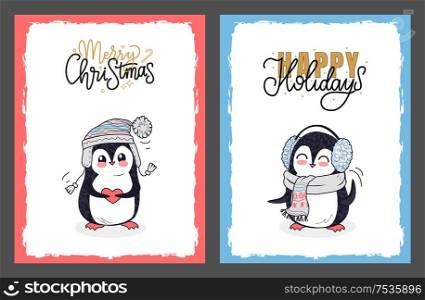 Merry christmas and happy holidays postcards. Penguins dressed in knitted gray scarf, winter hat and ear muffs, calligraphic lettering with snowflakes. Merry Christmas and Happy Holidays with Penguins