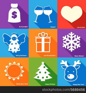 Merry christmas and happy holidays wishes mini card set isolated vector illustration