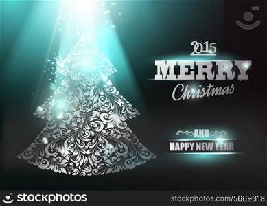 Merry Christmas and Happy New Year 2014 card over dark background. Vector illustration.