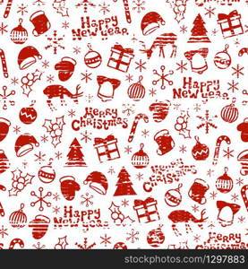 Merry Christmas and Happy New Year 2017. Christmas season hand drawn seamless pattern. Vector illustration. Doodle style. Decorations. Winter holiday backgrounds for design. Deer, snowflakes. Merry Christmas and Happy New Year 2017. Christmas season hand drawn seamless pattern. Vector illustration. Doodle style. Decorations. Winter holiday backgrounds for design. Deer, snowflakes, Santa