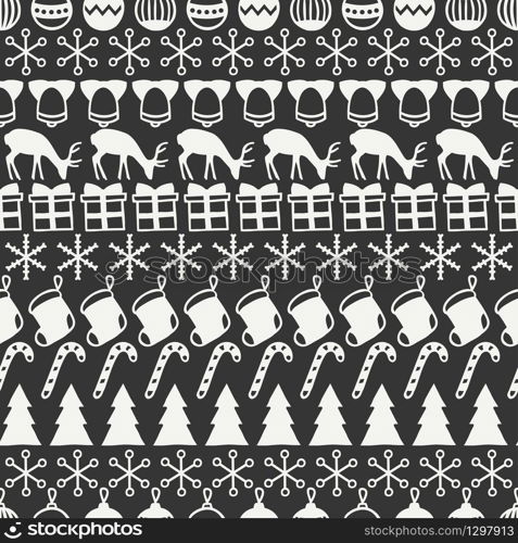 Merry Christmas and Happy New Year 2017. Christmas season hand drawn seamless pattern. Vector illustration. Doodle style. Decorations. Winter holiday backgrounds for design. Deer, snowflakes. Merry Christmas and Happy New Year 2017. Christmas season hand drawn seamless pattern. Vector illustration. Doodle style. Decorations. Winter holiday backgrounds for design. Deer, snowflakes, Santa