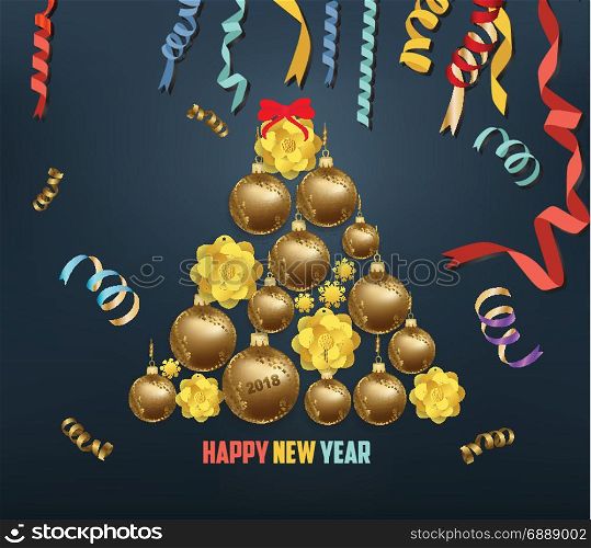 Merry christmas and happy new year 2018 blooming and gold balls