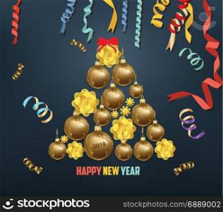 Merry christmas and happy new year 2018 blooming and gold balls