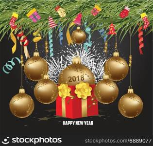 Merry christmas and happy new year 2018with gift. Wallpaper balls gold