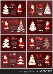 Merry Christmas and Happy New Year 2019 greeting cards red Santa Claus and white Xmas tree on red background. Decorated and abstract spruces, holiday adventures vector postcards. Merry Christmas and Happy New Year Greeting Cards