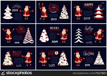 Merry Christmas and Happy New Year 2019 greeting cards red Santa Claus and white Xmas tree on blue background. Decorated and abstract spruces, holiday adventures vector postcards. Merry Christmas and Happy New Year Greeting Cards