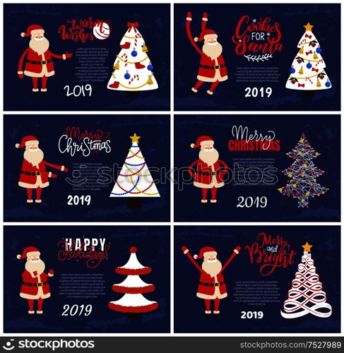 Merry Christmas and Happy New Year 2019 greeting cards red Santa Claus and white Xmas tree on blue background. Decorated and abstract spruces, holiday adventures vector postcards. Merry Christmas and Happy New Year Greeting Cards