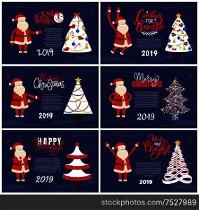 Merry Christmas and Happy New Year 2019 greeting cards red Santa Claus and white Xmas tree on blue background. Decorated and abstract spruces, holiday adventures vector postcards. Merry Christmas and Happy New Year Greeting Cards