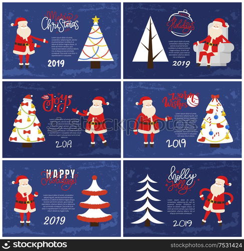 Merry Christmas and Happy New Year 2019 greeting cards red Santa Claus and white Xmas tree on blue background. Decorated and abstract spruces, holiday adventures vector postcards. Merry Christmas and Happy New Year Greeting Cards