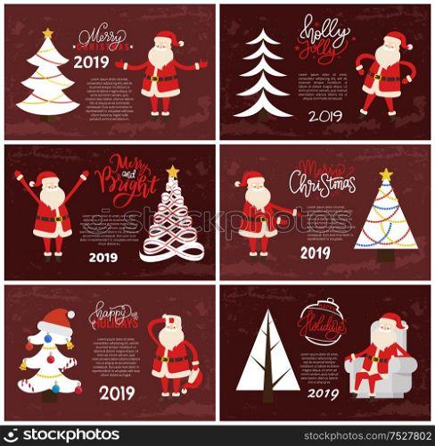 Merry Christmas and Happy New Year 2019 greeting cards Santa Claus and Xmas tree. Decorated and abstract spruces, holiday adventures vector postcards. Merry Christmas and Happy New Year Greeting Cards