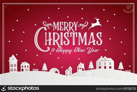 Merry Christmas and Happy New Year 2019 of snowy home town with typography font message. Red pink paper art and digital craft Illustration vector celebrate invitation wallpaper card. Holiday winter