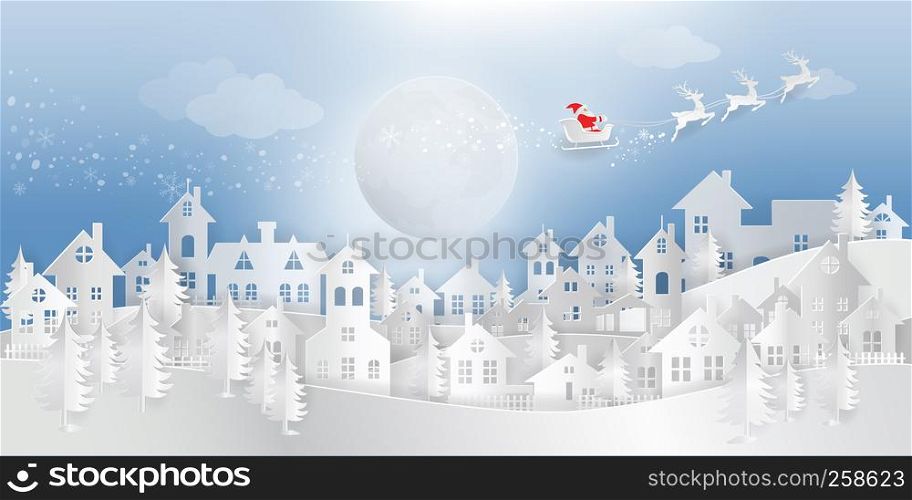 Merry Christmas and Happy New Year 2019 paper cut, paper art, digital paper craft of Santa Claus with reindeer on sleigh flying over the snow wonderland with copy space. Vector illustration EPS10.