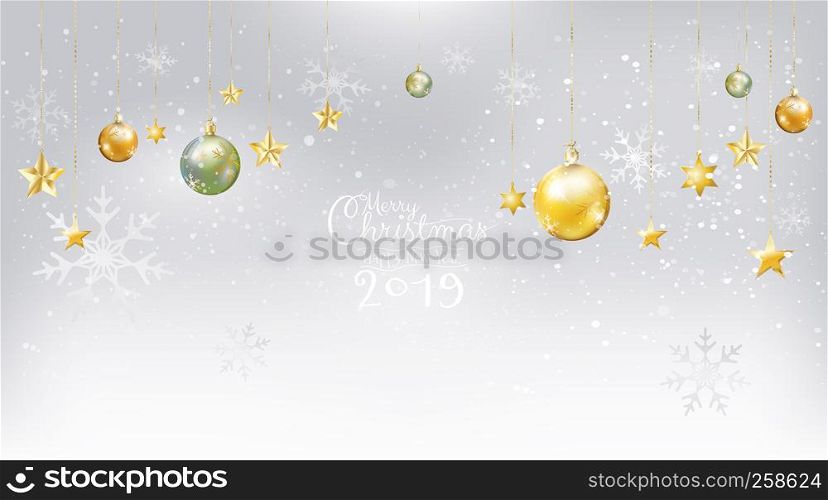 Merry Christmas and Happy New Year 2019 with calligraphic on white snow background decoration with gold, jade Xmas balls with star ornaments hanging. Vector illustration.