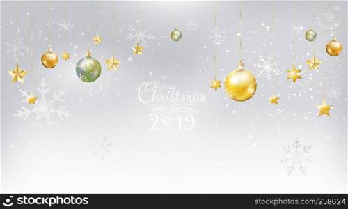 Merry Christmas and Happy New Year 2019 with calligraphic on white snow background decoration with gold, jade Xmas balls with star ornaments hanging. Vector illustration.