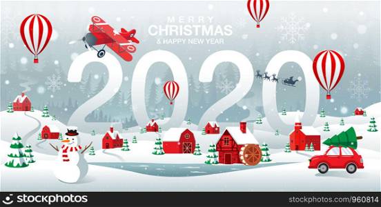 Merry Christmas and Happy new Year 2020, home town in the Forrest, Winter Background, Snow, Landscape.