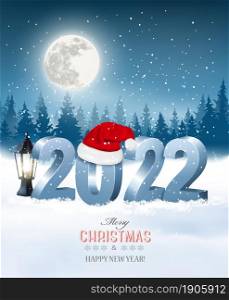 Merry Christmas and Happy New Year 2022. 3D numbers with Santa hat, light bulb on a winter landscape background. Vector