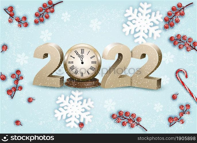 Merry Christmas and Happy New Year 2022. Golden 3D numbers with clock, snowflake, red berries on a blue background. Vector