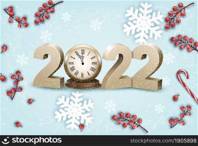 Merry Christmas and Happy New Year 2022. Golden 3D numbers with clock, snowflake, red berries on a blue background. Vector