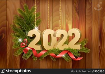 Merry Christmas and Happy New Year 2022. Golden 3D numbers with red ribbons, branch of christmas tree on a wooden background. Vector