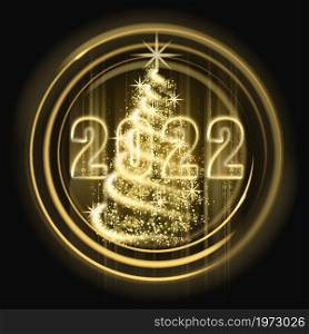 Merry Christmas and Happy New Year 2022, tree gold lights dust decoration, golden blurred magic glow on dark background. Merry Christmas holiday celebration. Vector illustration banner greeting card isolated. Merry Christmas and Happy New Year 2022, tree gold lights dust decoration, golden blurred magic glow on dark background. Merry Christmas holiday celebration. Vector illustration banner greeting card