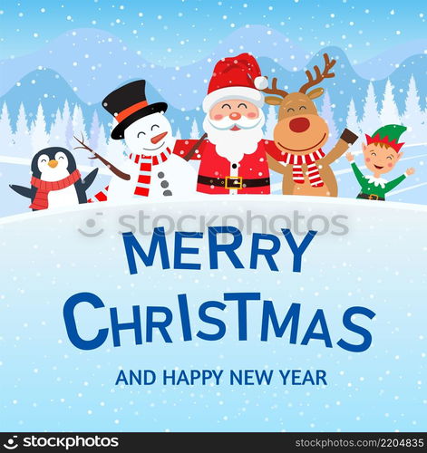 merry christmas and happy new year background and card, santa claus, reindeer, snowman, penguin cartoon cute. Vector illustration in flat style. merry christmas and happy new year background