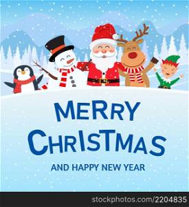 merry christmas and happy new year background and card, santa claus, reindeer, snowman, penguin cartoon cute. Vector illustration in flat style. merry christmas and happy new year background