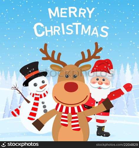 merry christmas and happy new year background and card, santa claus, reindeer, snowman cartoon cute. Vector illustration in flat style. merry christmas and happy new year background