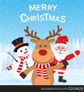 merry christmas and happy new year background and card, santa claus, reindeer, snowman cartoon cute. Vector illustration in flat style. merry christmas and happy new year background