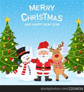 merry christmas and happy new year background and card, santa claus, reindeer, snowman cartoon cute. Vector illustration in flat style. merry christmas and happy new year background