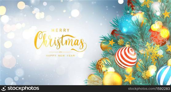 Merry Christmas and Happy New Year background. Celebration background template with tree. luxury greeting rich card.