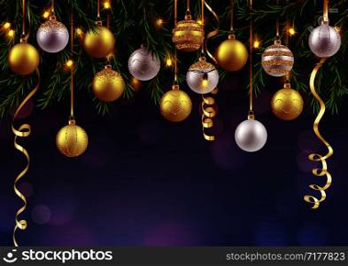 Merry Christmas and Happy New Year background, decorative balls with fir branches and light decorations, vector illustration
