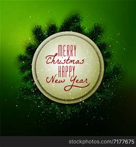 Merry Christmas and Happy New Year banner decorated with fir branches on show background, vector illustration