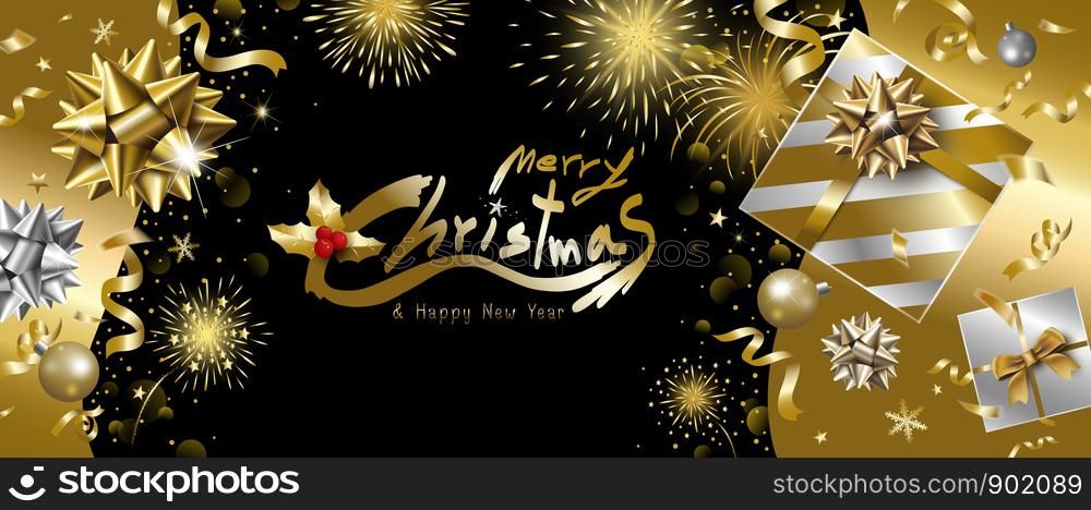 Merry Christmas and Happy New Year banner design of luxury gift box with ribbon falling and fireworks background vector illustration
