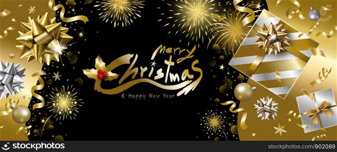 Merry Christmas and Happy New Year banner design of luxury gift box with ribbon falling and fireworks background vector illustration