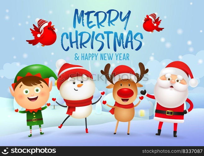 Merry Christmas and happy new year banner design with fairy tale characters on winter town background with flying red birds. Lettering can be used for invitations, signs, announcements