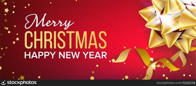 Merry Christmas And Happy New Year Banner Vector. Gold Bow. Red Horizontal Background Illustration. Merry Christmas And Happy New Year Banner Vector. Gold Bow. Red Background Illustration