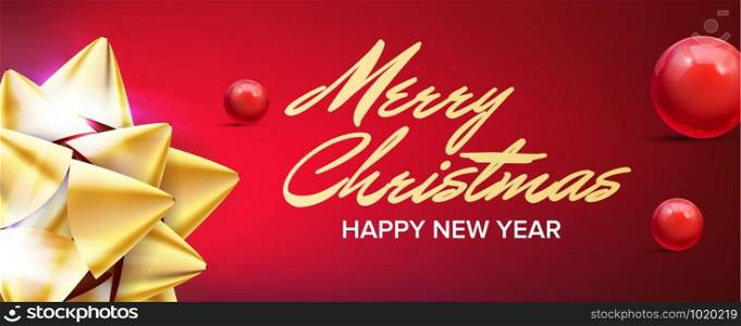 Merry Christmas And Happy New Year Banner Vector. Gold Bow. Red Horizontal Background Illustration. Merry Christmas And Happy New Year Banner Vector.