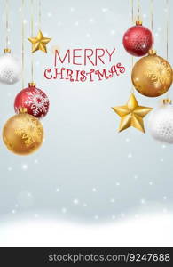 Merry christmas and happy new year banner with red and gold balls and confetti 