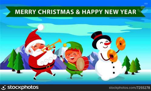 Merry Christmas and happy New Year, banner with Santa Claus and nature with mountain and trees, snowman and elf isolated on vector illustration. Merry Christmas Santa Nature Vector Illustration