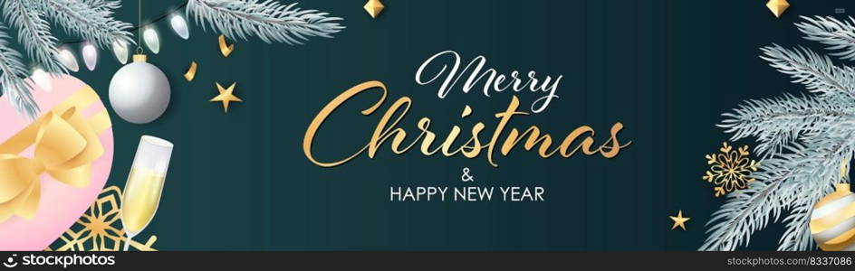 Merry Christmas and Happy New Year banner with sparkling silver light bulbs, presents and ch&agne glass on dark turquoise background. Lettering can be used for posters, leaflets, announcements