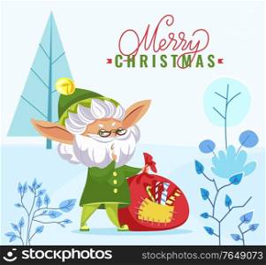 Merry christmas and happy new year caption. Old elf hold sack with gifts on meadow. Xmas greeting postcard. Beautiful landscape, fir trees and other plants. Vector illustration in flat style. Merry Christmas Greeting, Elf with Sack in Forest