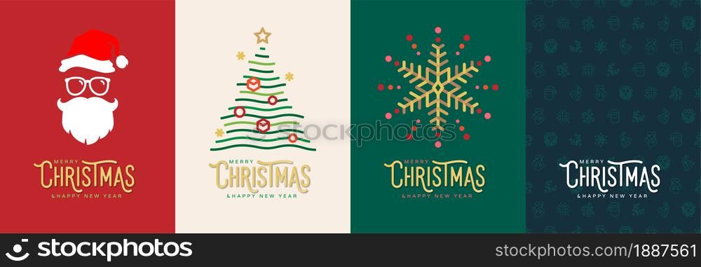Merry christmas and happy new year card greeting invitation vector illutration. Santa claus, christmas tree, snowflake decoration, seamless icon background concept design.