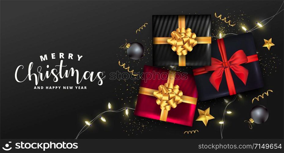 Merry Christmas and Happy New Year card. Holiday background with realistic gift boxes, sparkling light garlands, Christmas balls and golden confetti. Festive vector illustration.