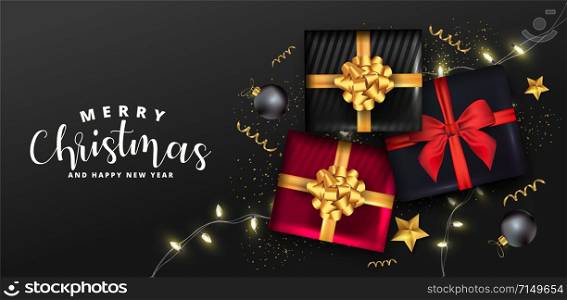 Merry Christmas and Happy New Year card. Holiday background with realistic gift boxes, sparkling light garlands, Christmas balls and golden confetti. Festive vector illustration.